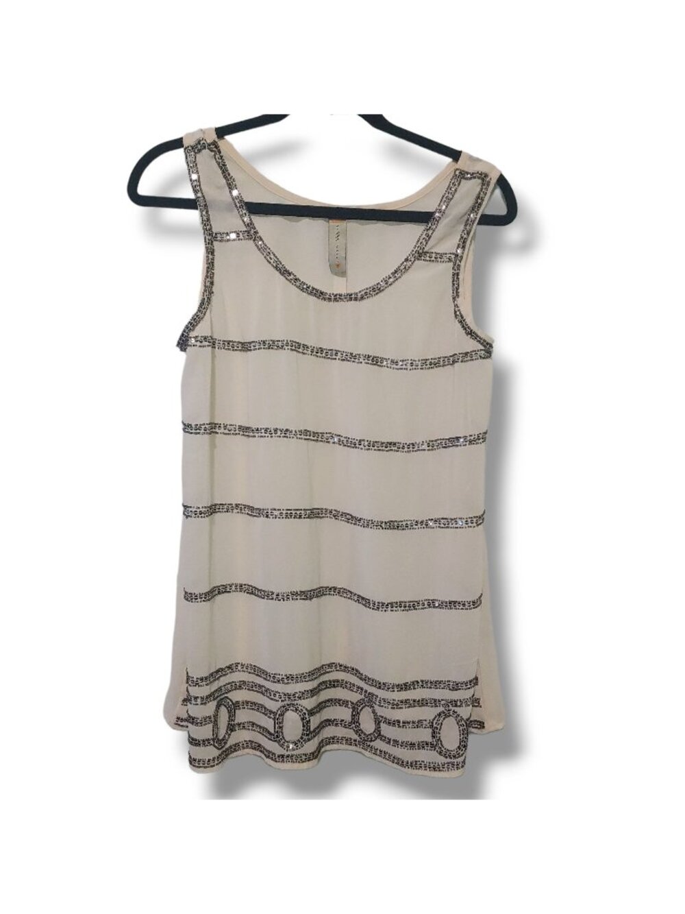 Dizzy Love tank top women's Small semi-sheer cream w/ silver beading holiday
